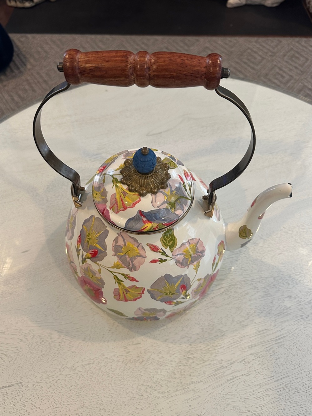 MacKenzie-Childs Floral Ceramic Teapot with Wood Handle and Gold Trim